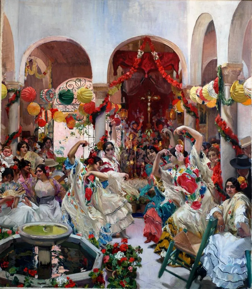 Flamenco dancers in ruffled dresses whirl in a sunlit Sevillian courtyard, guitarists and onlookers gathered close around them.