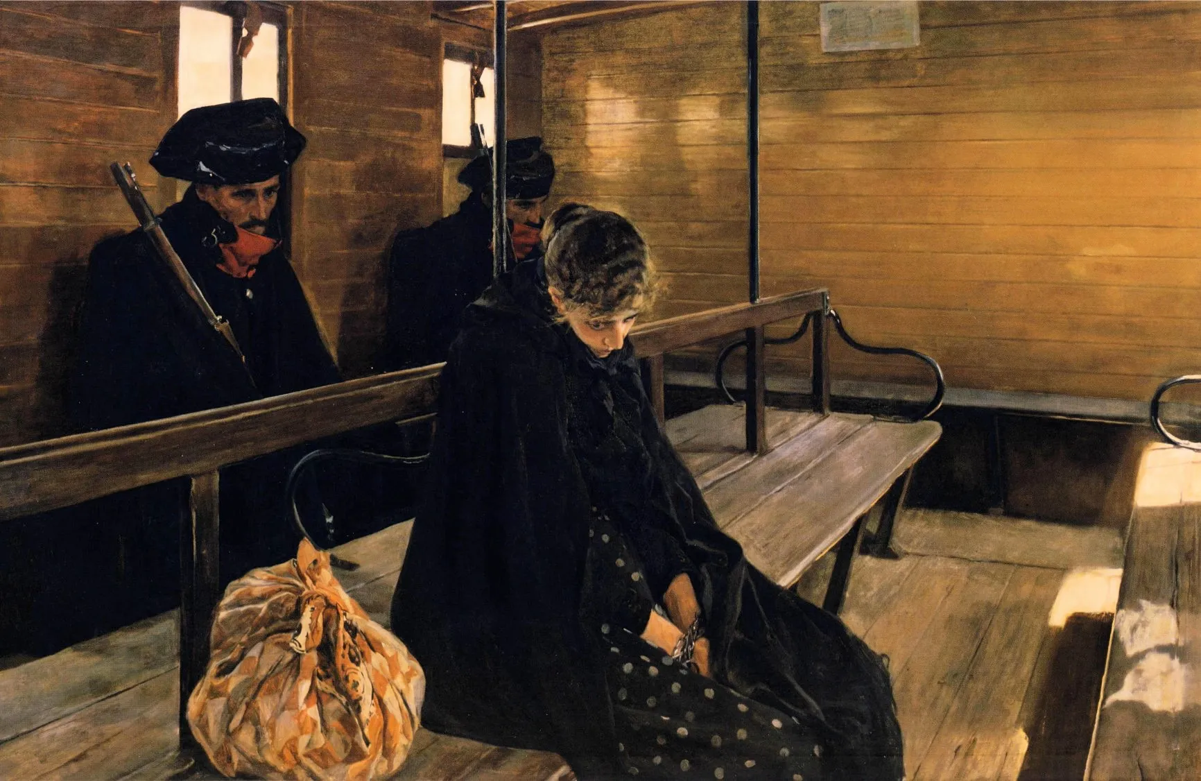 A grieving woman sits handcuffed and alone on a third-class train bench, guarded by police — a sombre, socially charged early work.