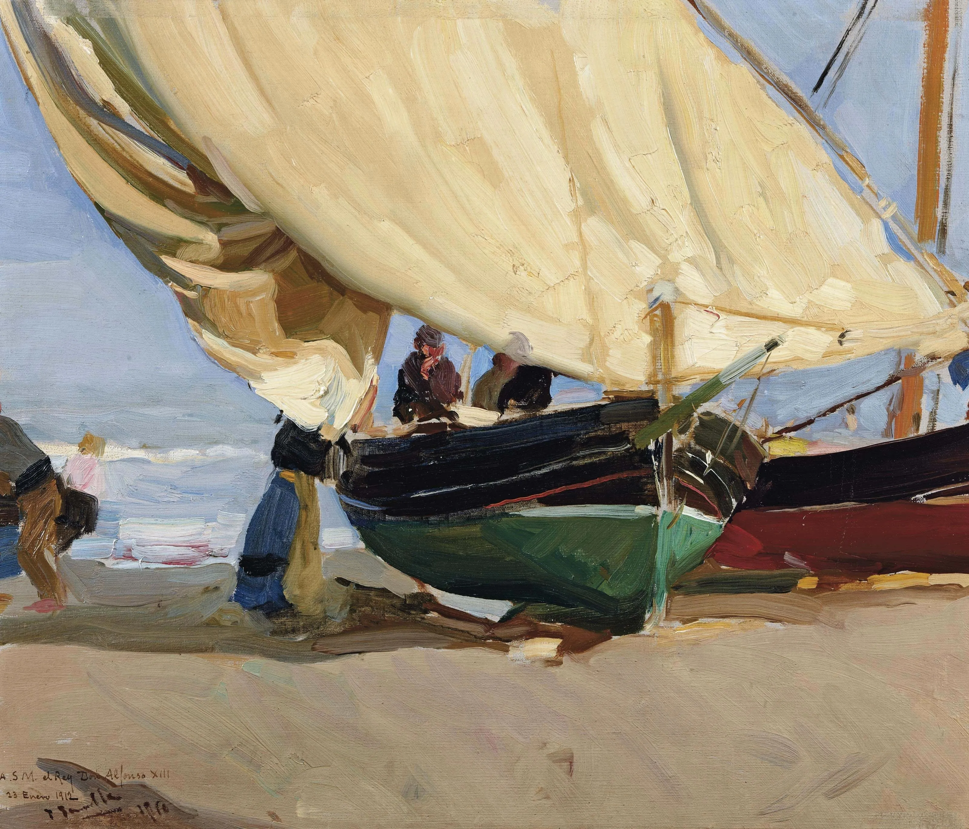 Fishing boats with tall masts rest hauled up on the Valencian sand, their weathered hulls and rigging warm against the bright shore.
