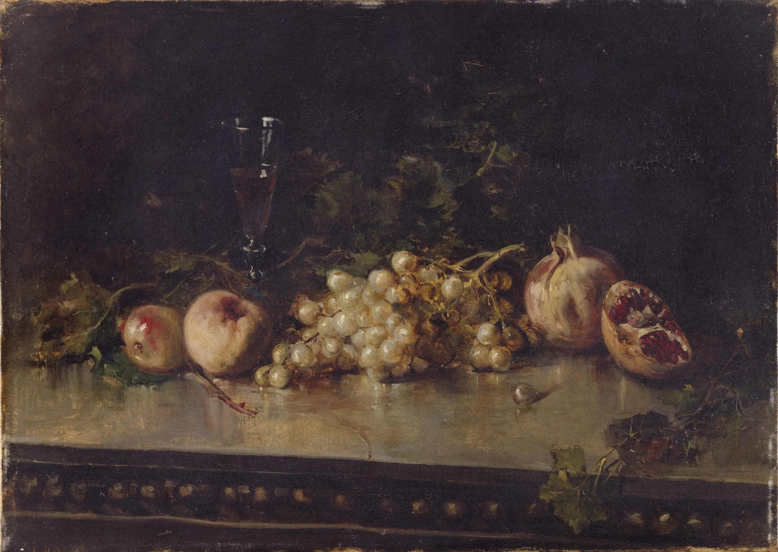 Still life of fruit and vessels on a table, an early student painting by the teenage Joaquín Sorolla