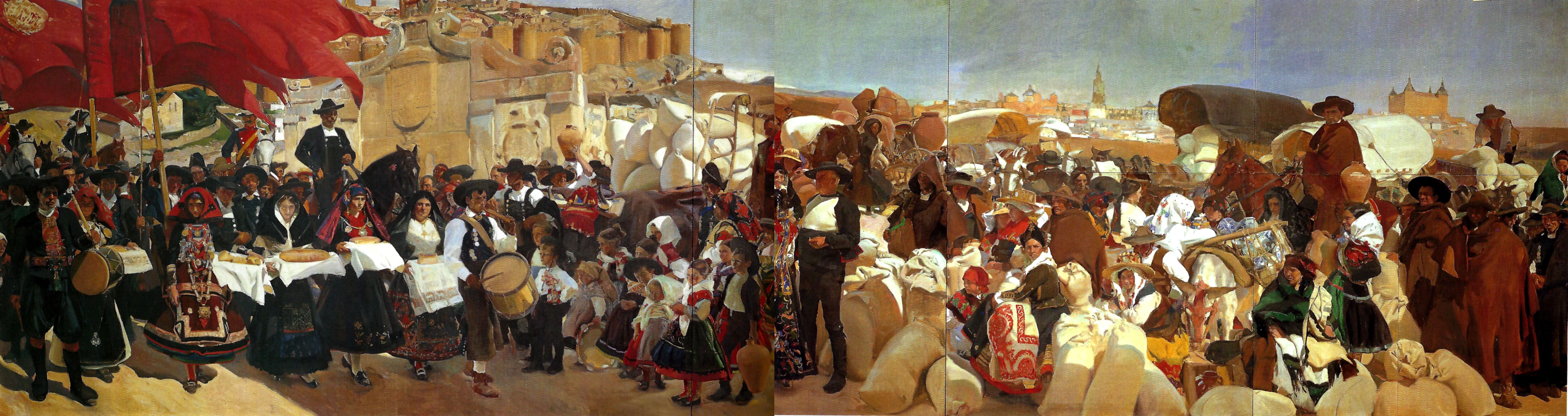 A sweeping panorama of the Castilian bread festival — crowds in regional costume, horsemen and heaped harvest under a vast pale sky.