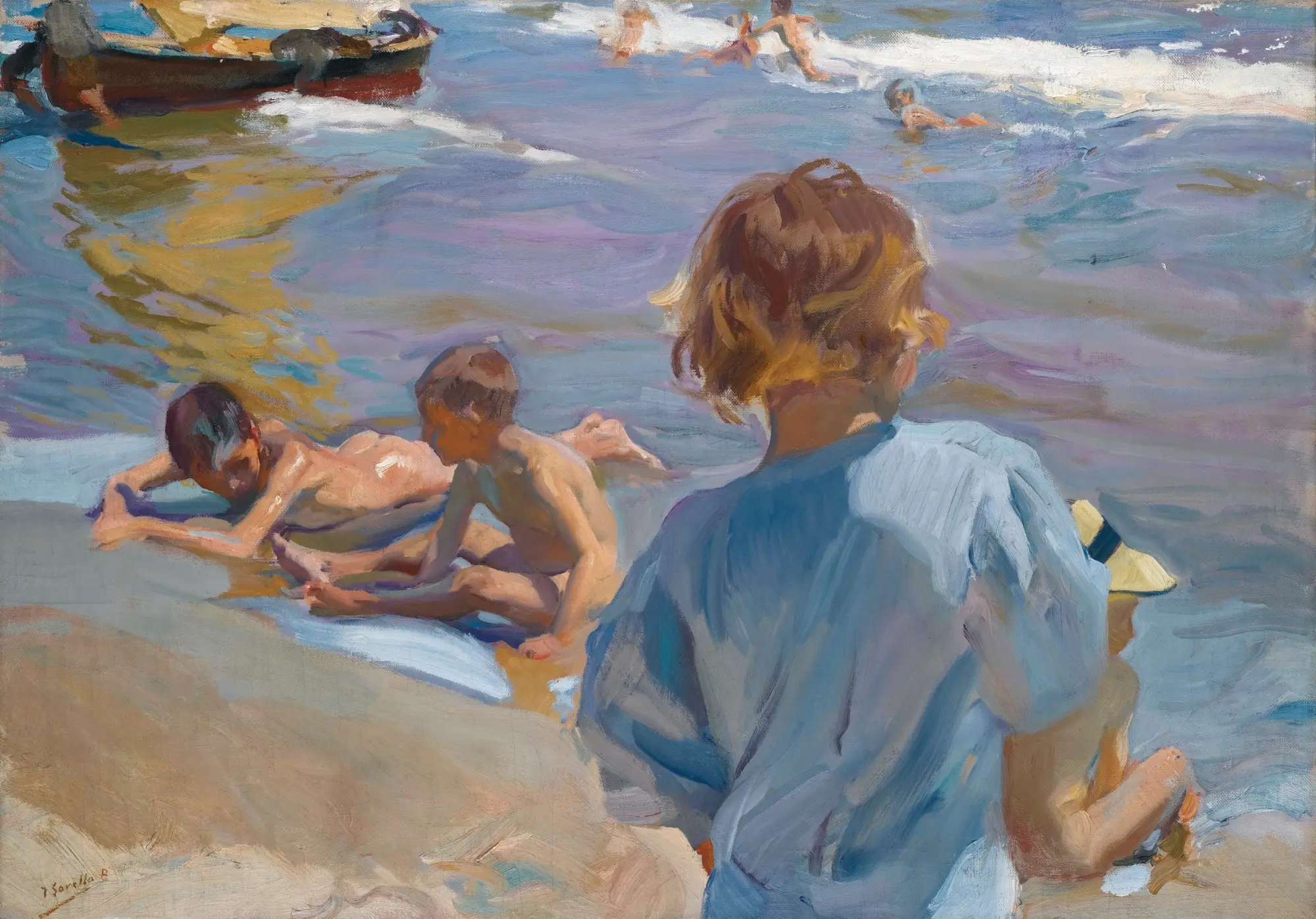 Young children rest on the wet Valencian sand at the water's edge, their bare limbs and the shallow foam lit by bright Mediterranean sun.