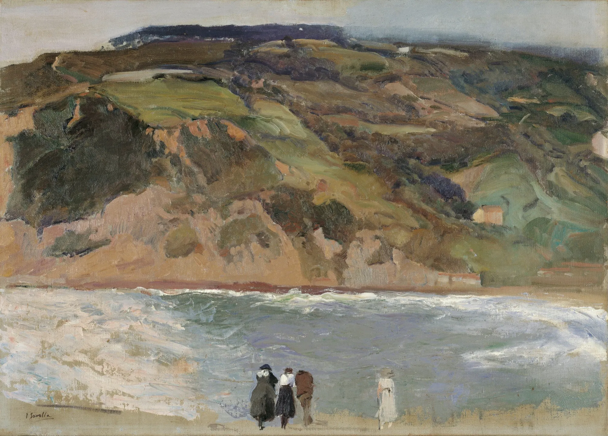 Figures stand on a breakwater watching the sea below a great green and ochre hillside on the northern coast at San Sebastián — a cooler, northern light than Sorolla's Valencian beaches.