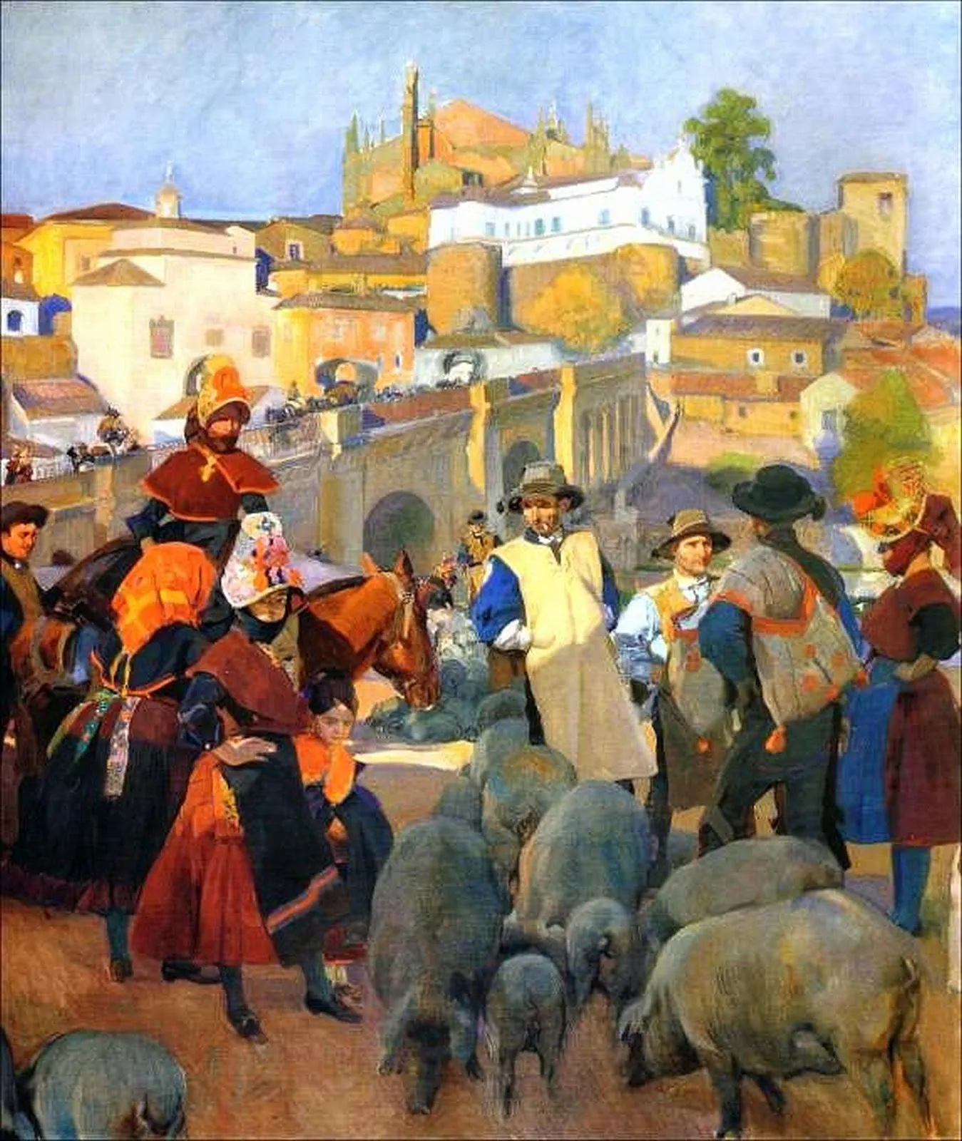 A bustling Extremaduran market, peasants in broad conical hats trading among livestock and produce under a warm southern sky.