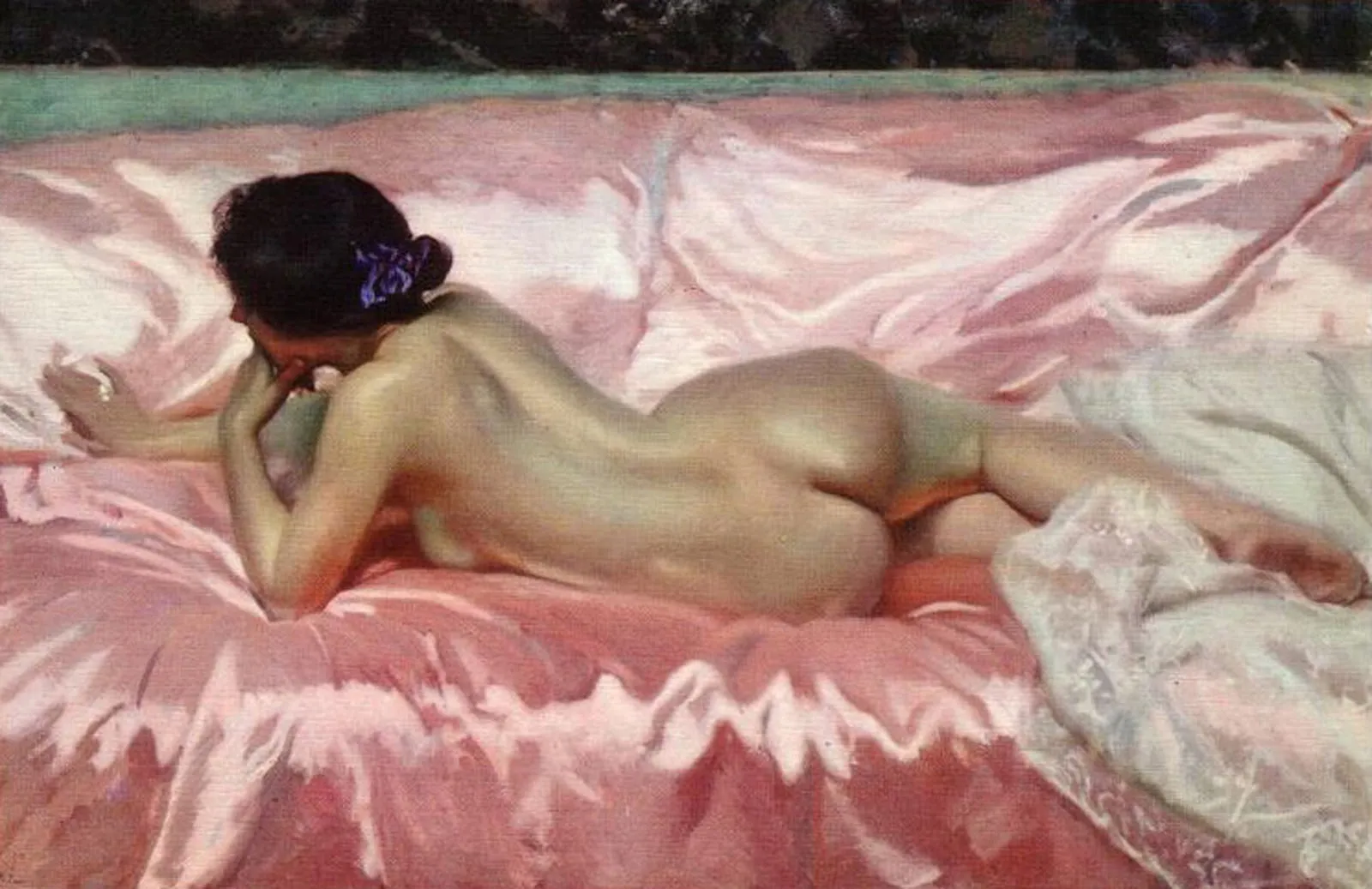 A woman reclines nude on white draperies, her form modelled in warm flesh tones against cool sheets in a quiet, intimate study.