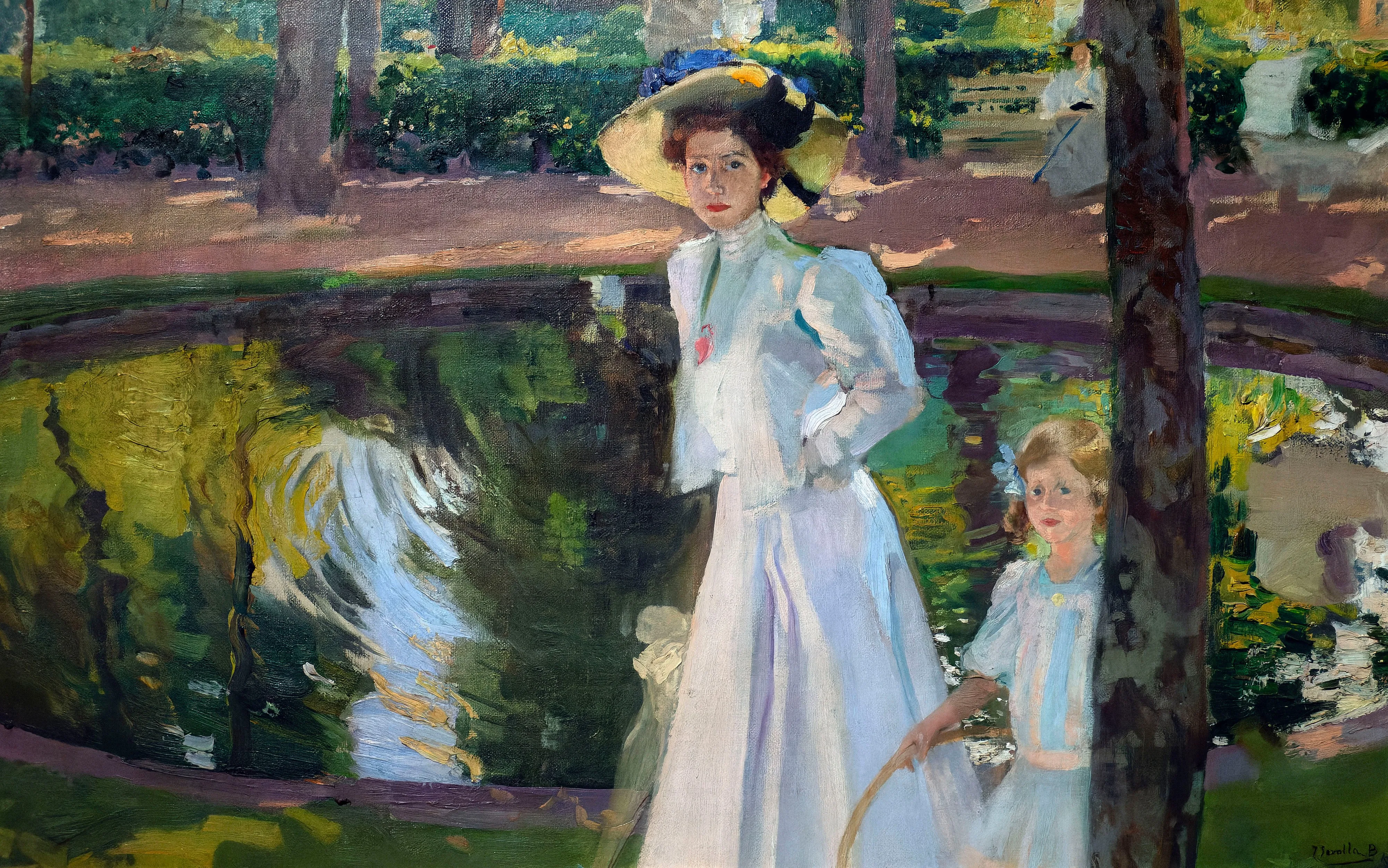 Sorolla's daughter María stands among the fountains and clipped greenery of the royal gardens at La Granja, dappled in soft summer light.