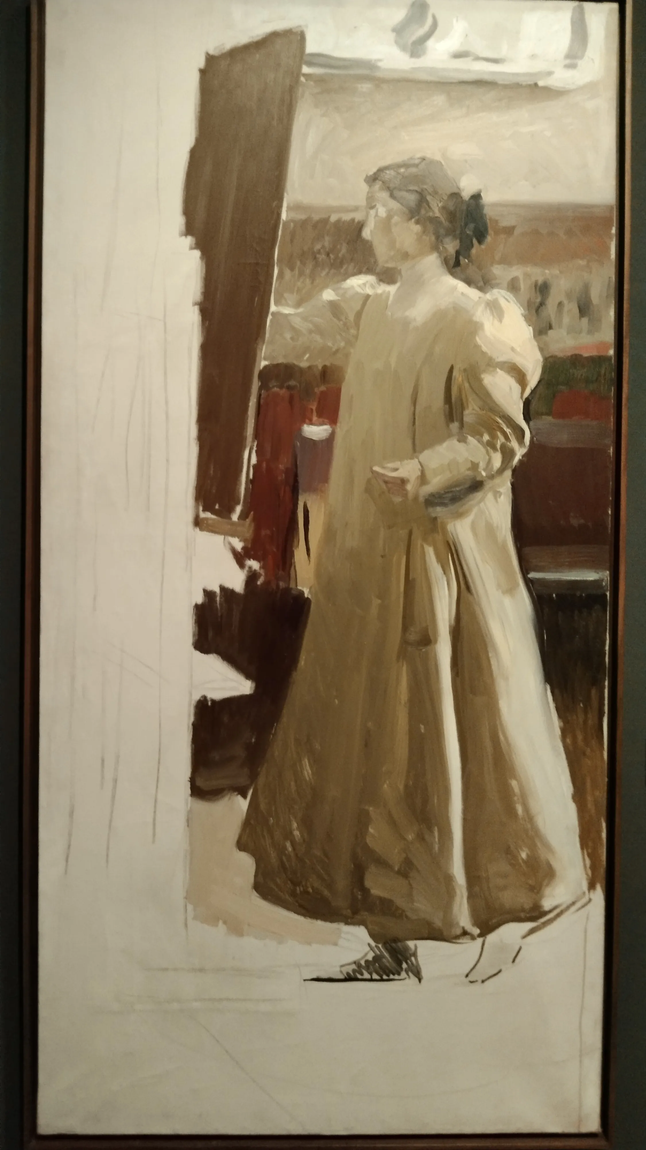 Sorolla's daughter María stands at her easel painting outdoors, absorbed in her work amid bright, breezy coastal light.