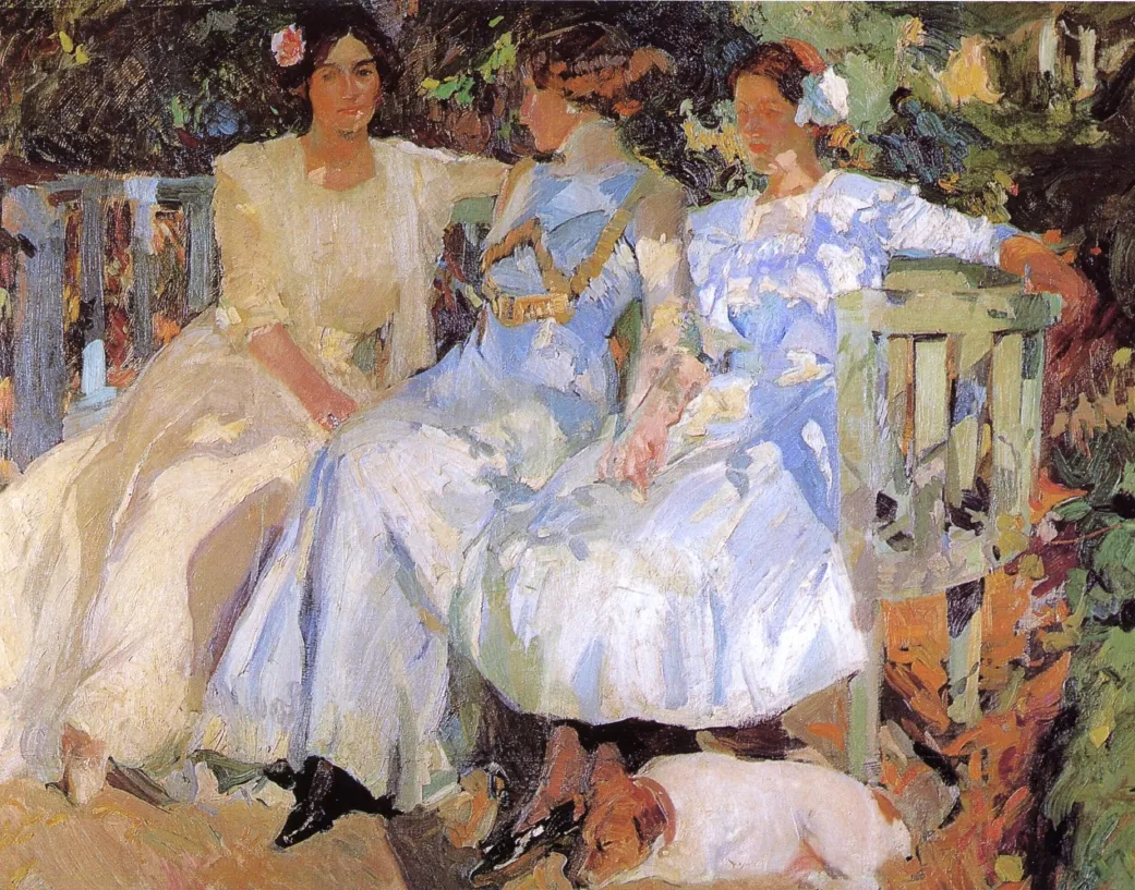 Sorolla's wife Clotilde and their daughters seated together in the dappled light of the garden, 1910