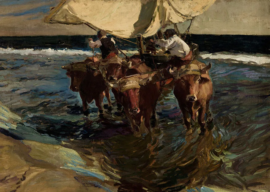 A team of oxen drags a fishing boat across the wet Valencian sand, driver and animals glowing against the shimmering shore.