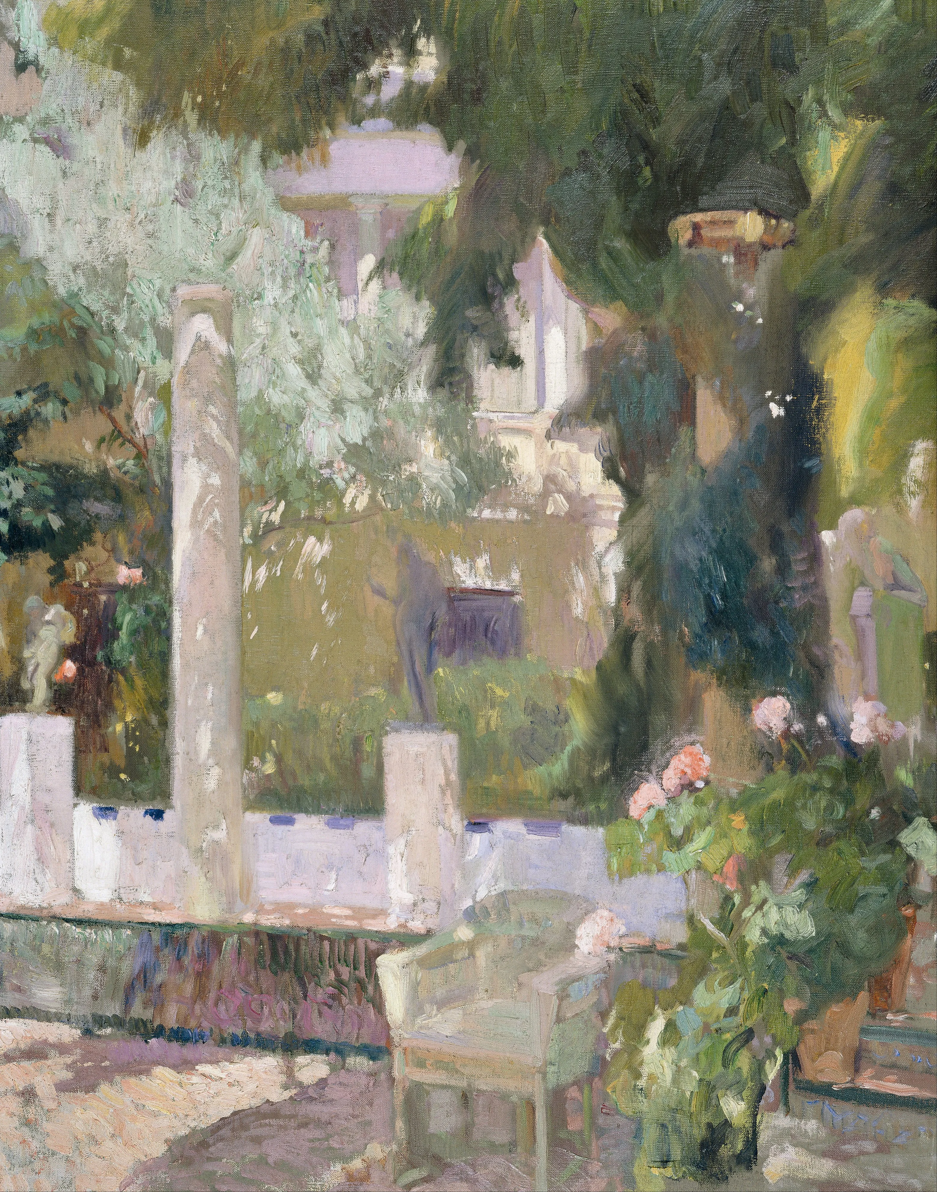 The lush garden of Sorolla's Madrid home, with tiled fountains, potted flowers and clipped foliage glowing in dappled sunlight.