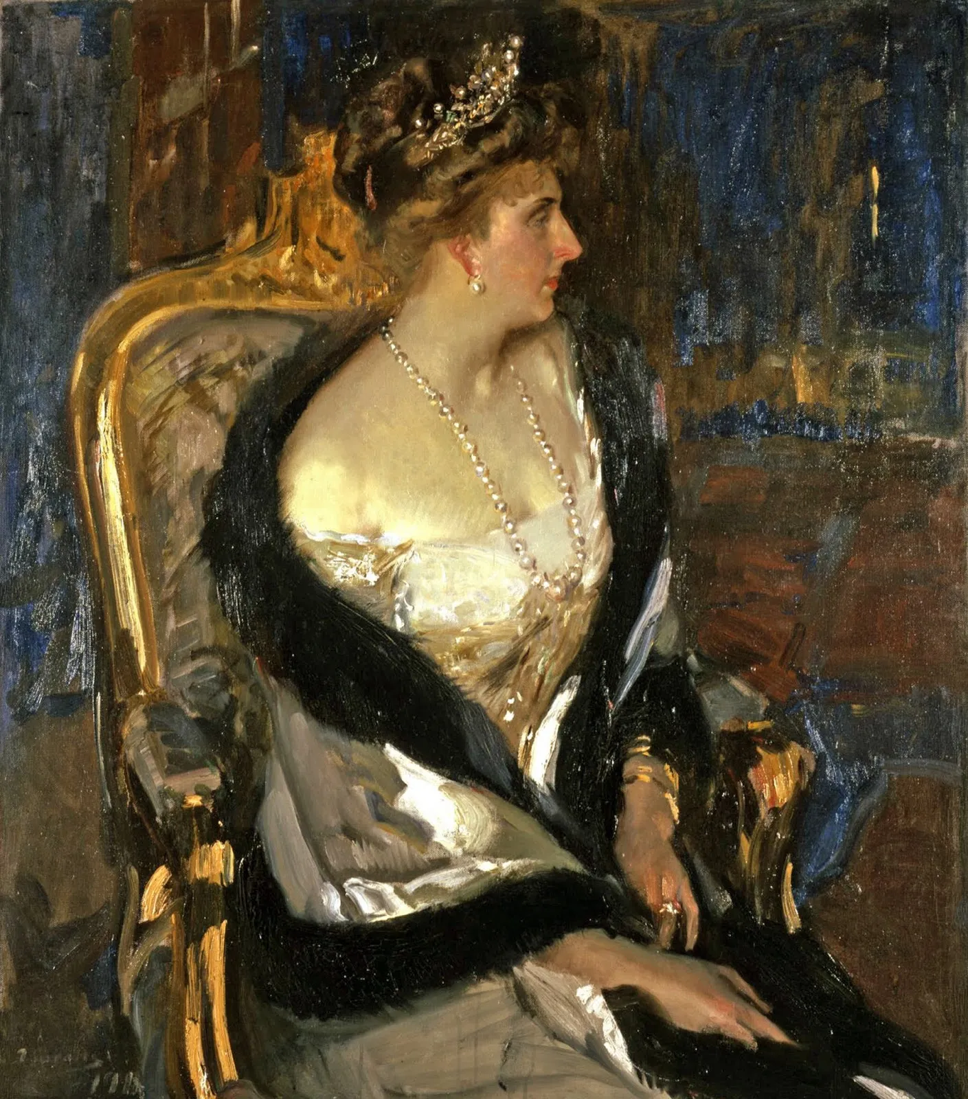 A formal portrait of Queen Victoria Eugenia of Spain, upright and regal in an elaborate gown, rendered with Sorolla's fluent brush.
