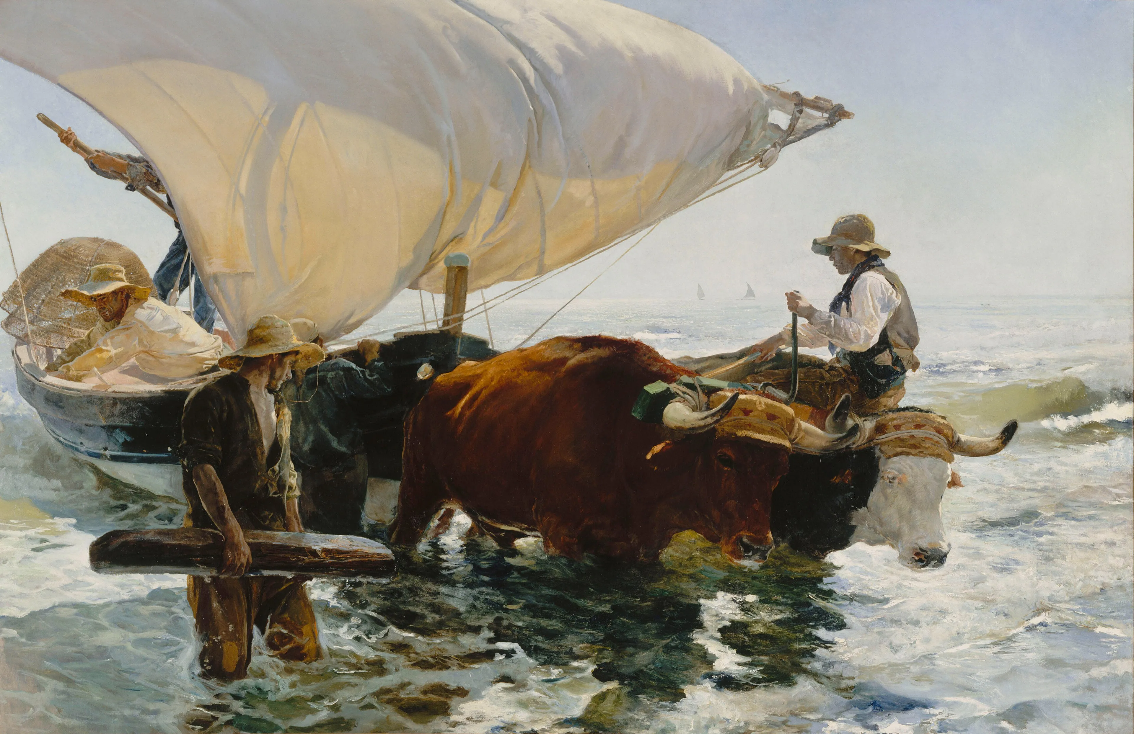 Return from Fishing, 1894, by Joaquín Sorolla. Oxen haul a fishing boat with a towering sail up out of the surf, straining figures and animals silhouetted against the bright sea.