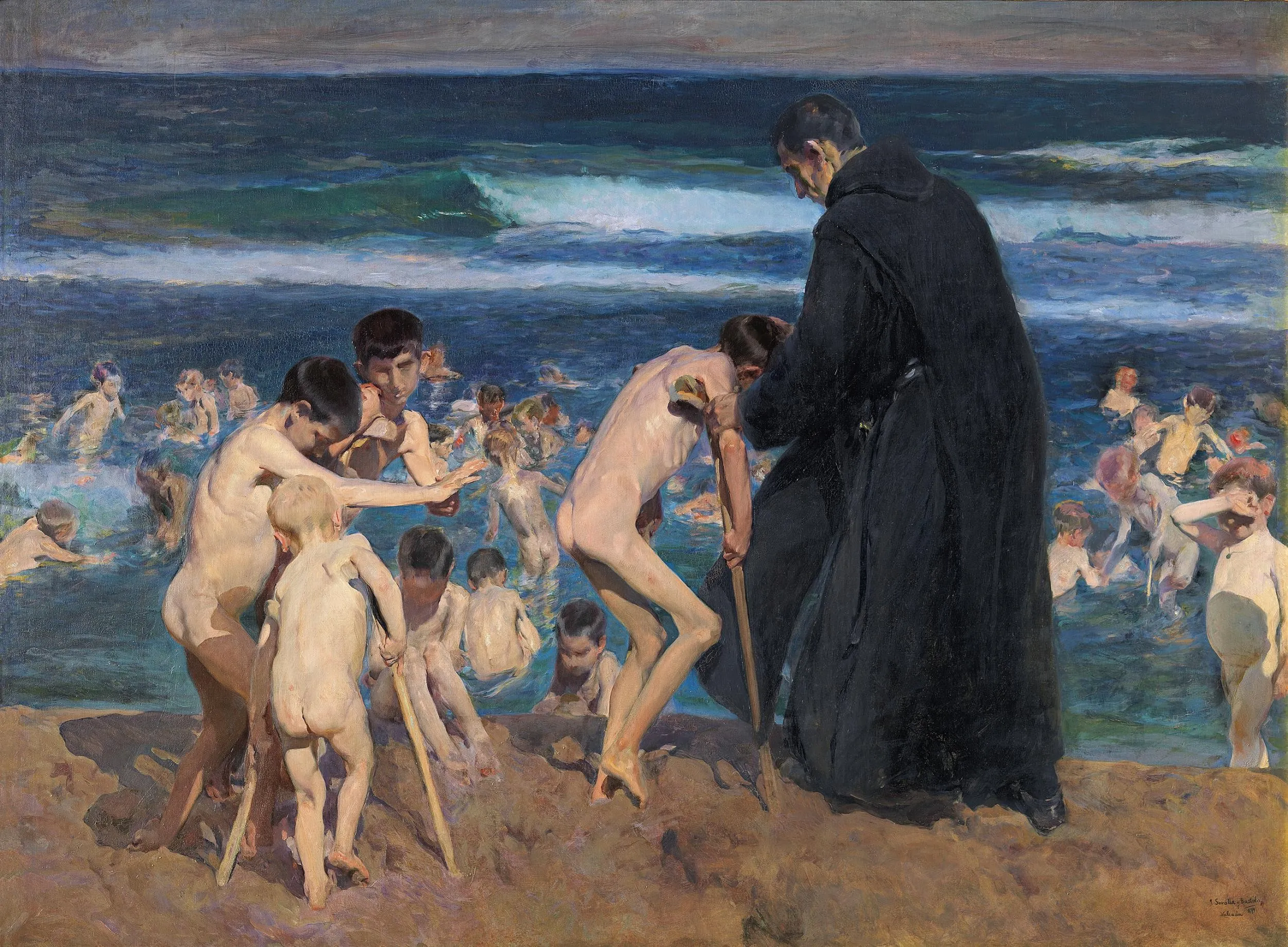 Naked, disabled children — several on crutches — wade into the Valencian sea watched over by a black-robed monk, frail bodies set against glittering water.