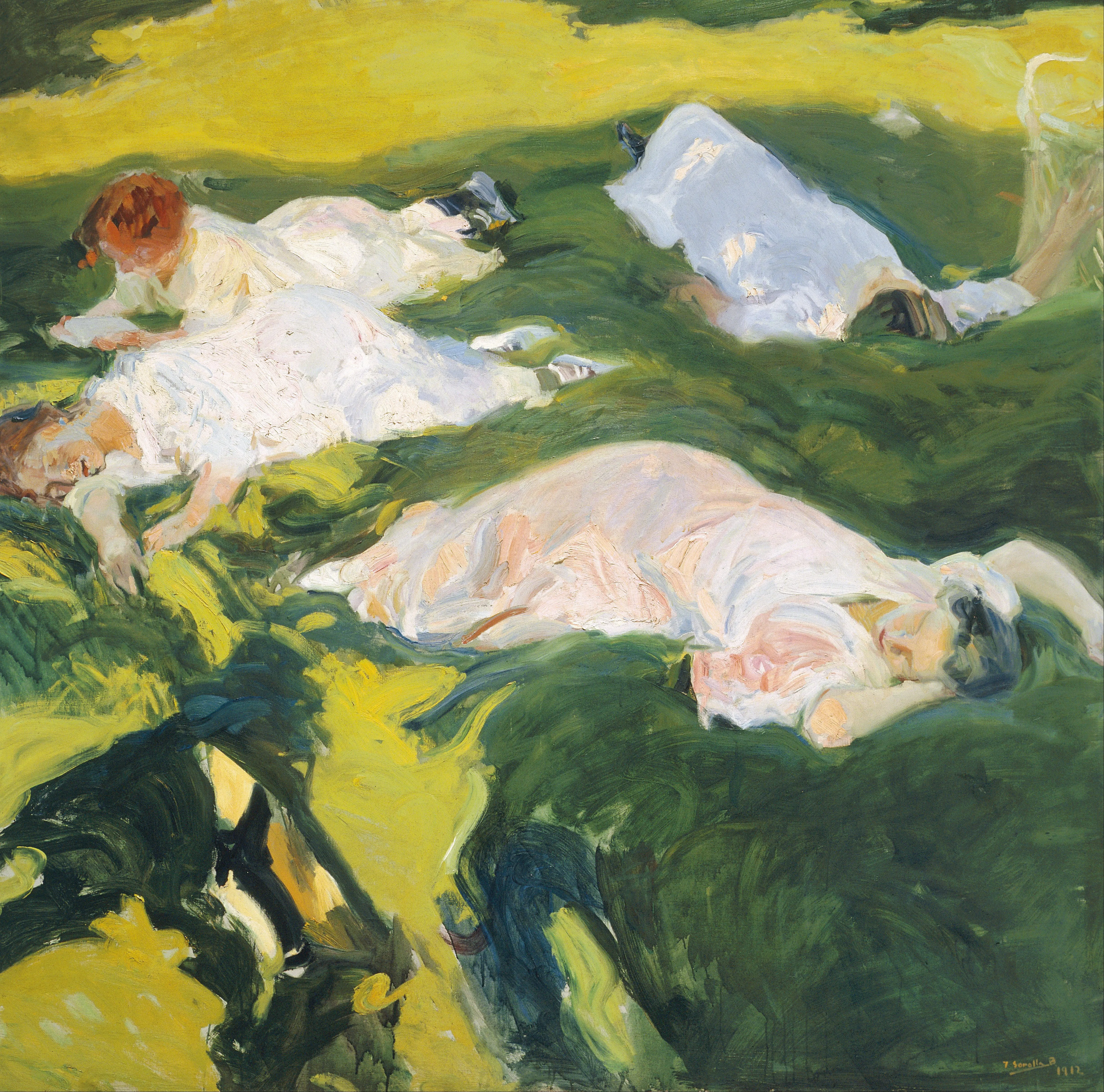 Four women in white lie asleep on the grass in the afternoon heat, their relaxed, foreshortened bodies dappled with shade.