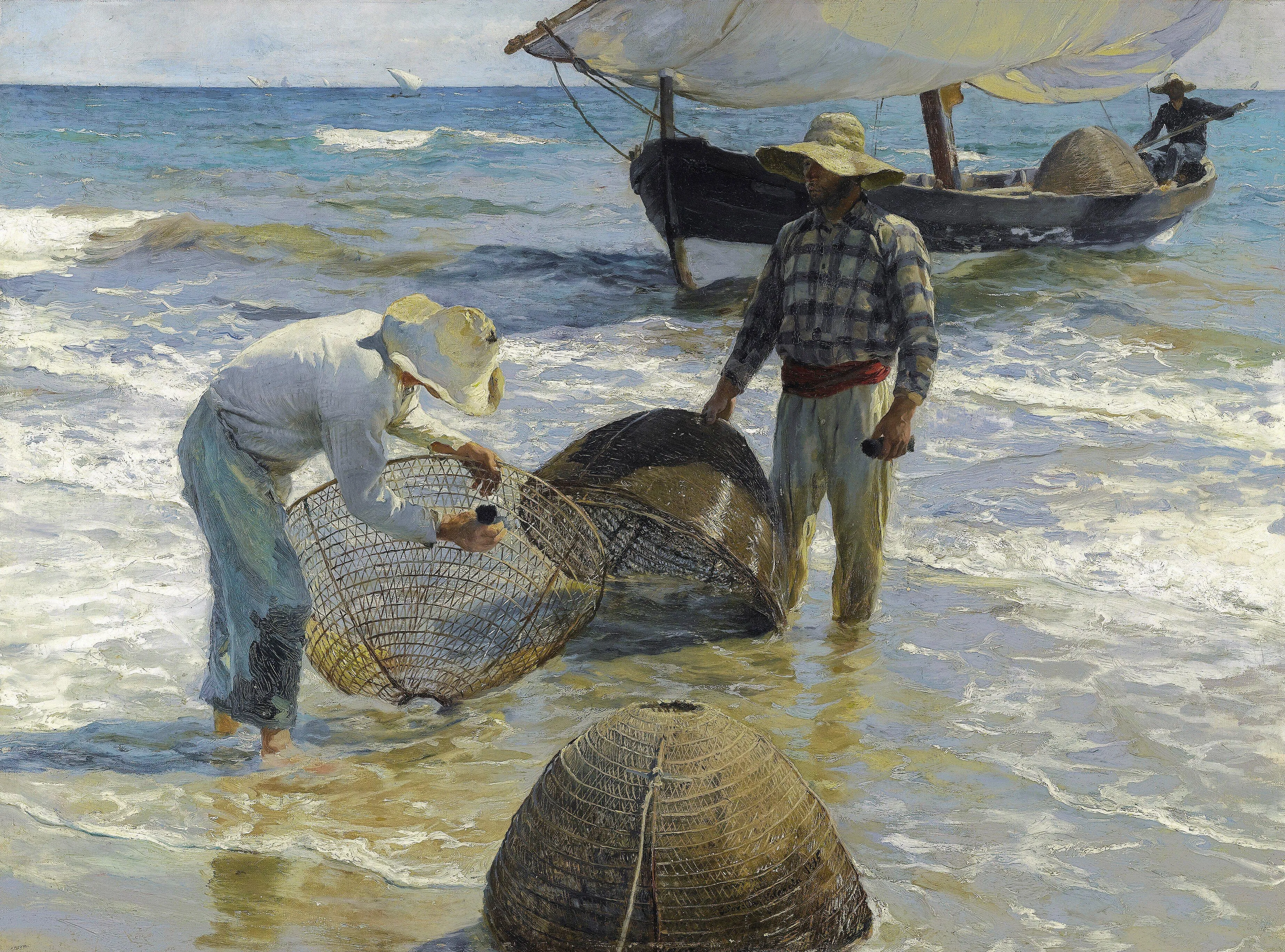 Valencian fishermen work aboard their boat under a warm sky, their sunlit figures and the vessel's timbers caught in loose, vigorous strokes.