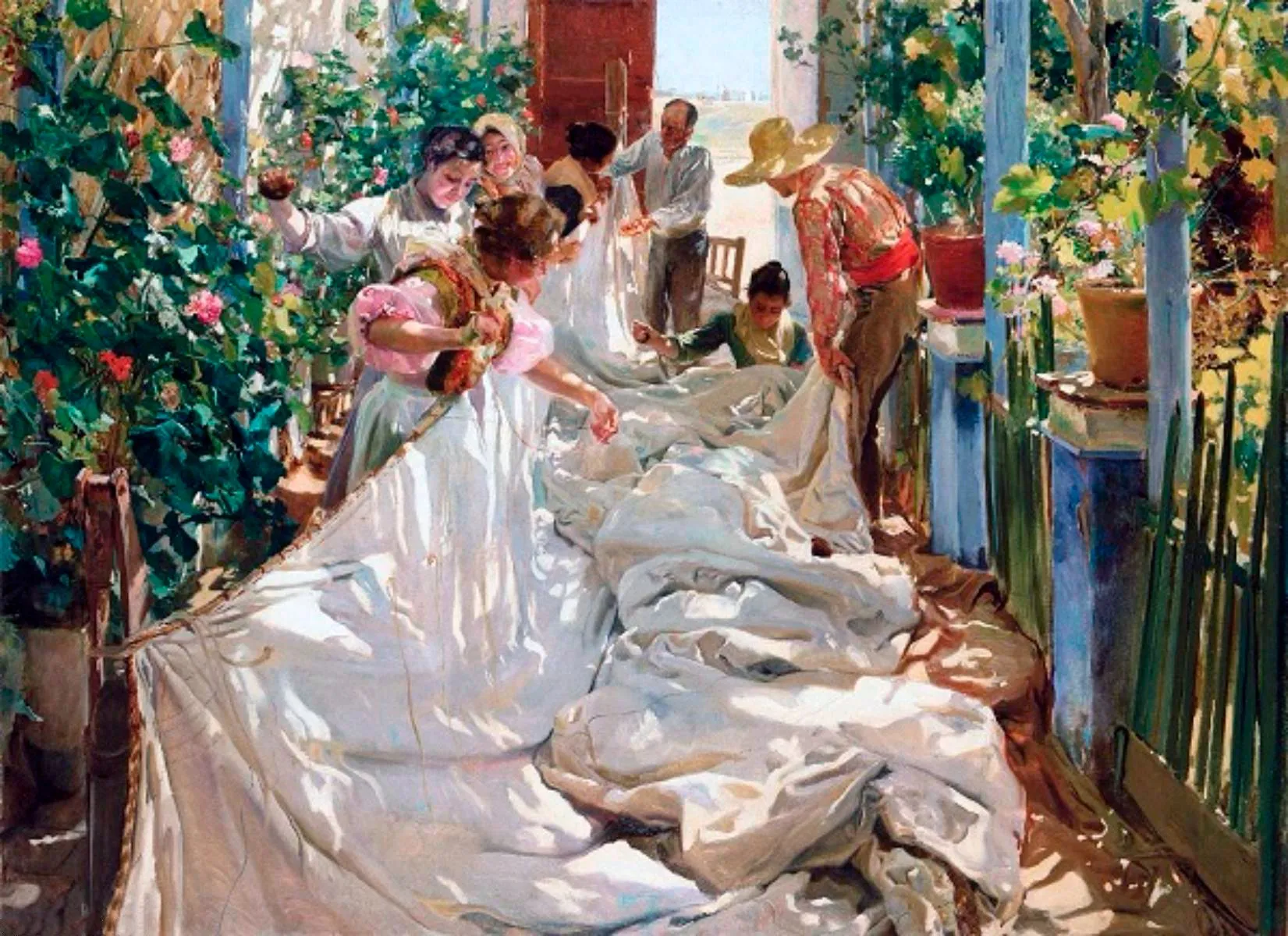 In a vine-shaded Valencian courtyard a group of fisherfolk spread an enormous white sail across their laps and stitch it, dappled sunlight falling through the leaves.
