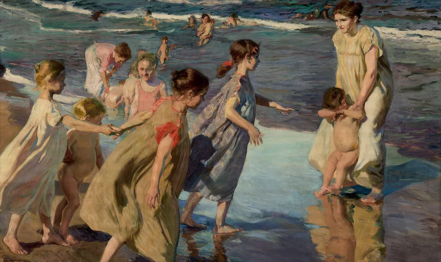 Bathers and children gather at the sunlit water's edge on a summer's day, bright flesh and white cloth set against warm sand and sea.