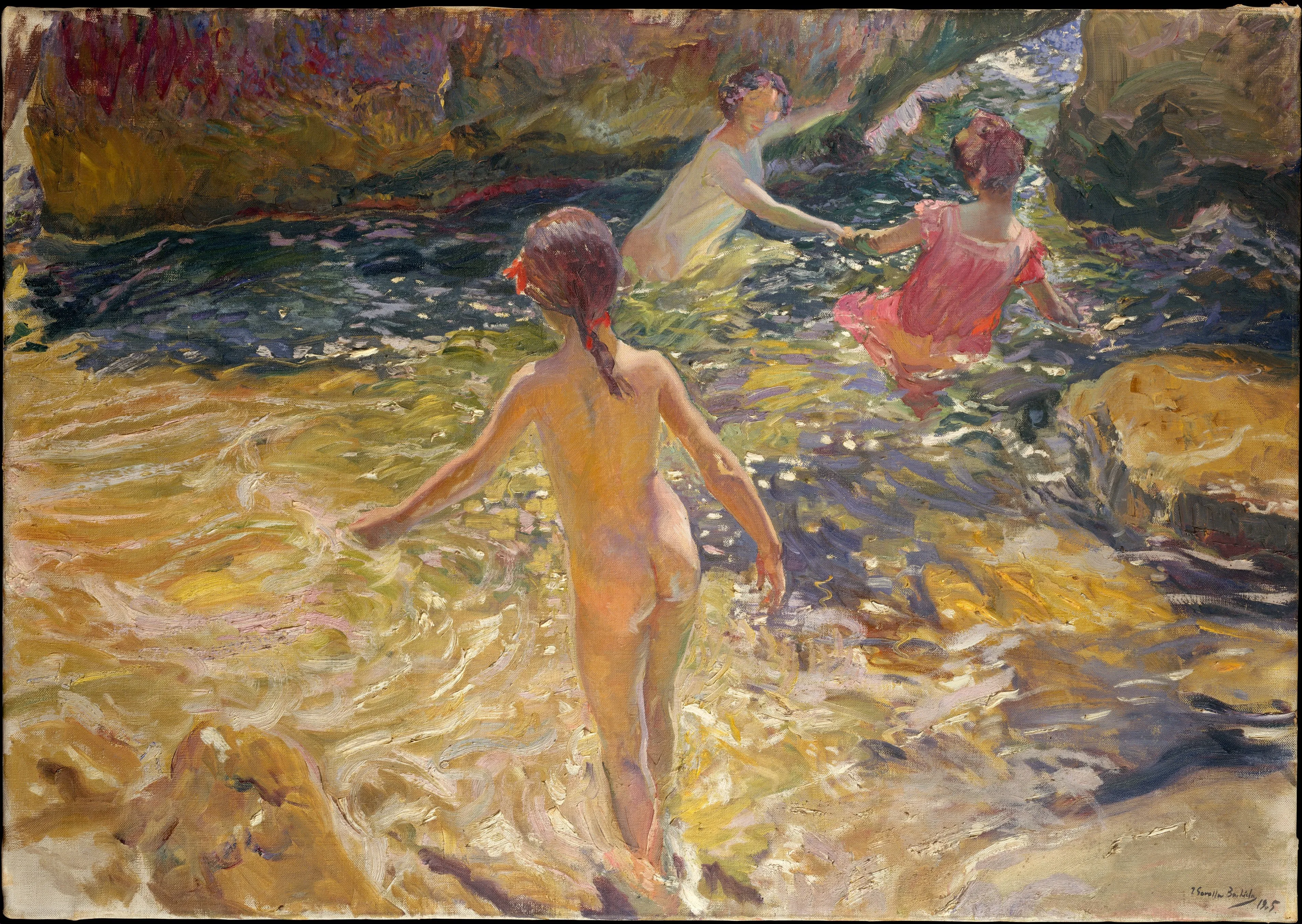Bathers move through the crystalline blue-green water among the rocks at Jávea, their bodies and the sea alive with reflected light.
