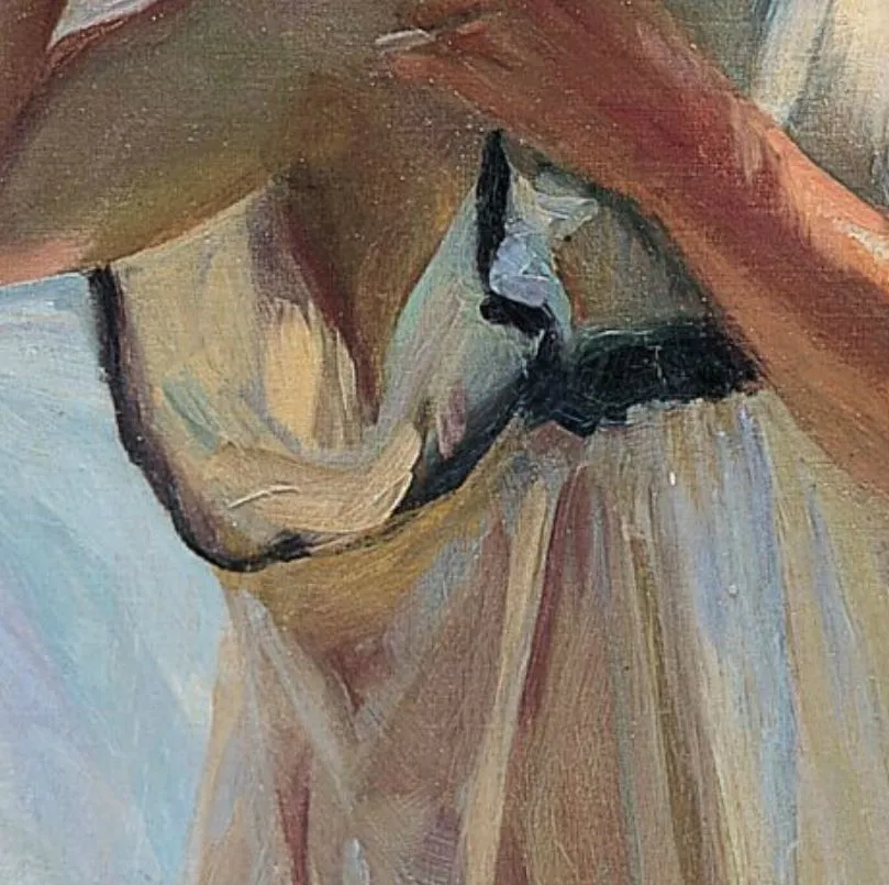 Close-up of the pink robe and the woman’s bare back in The Pink Robe by Sorolla, showing loose wet-in-wet brushwork