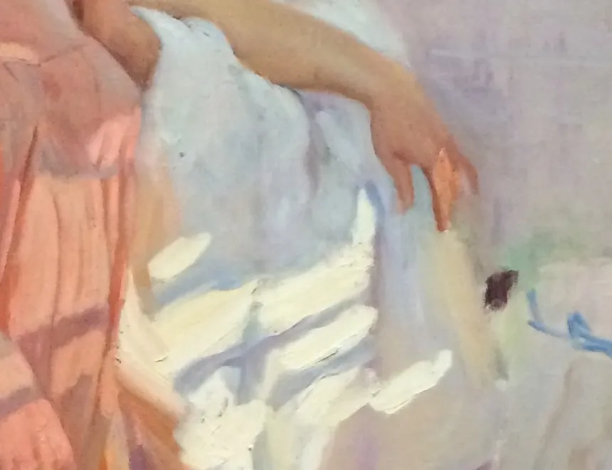 Close-up of the white towel in The Pink Robe by Sorolla — thick loaded palette-knife strokes of white and cream paint standing proud of the canvas