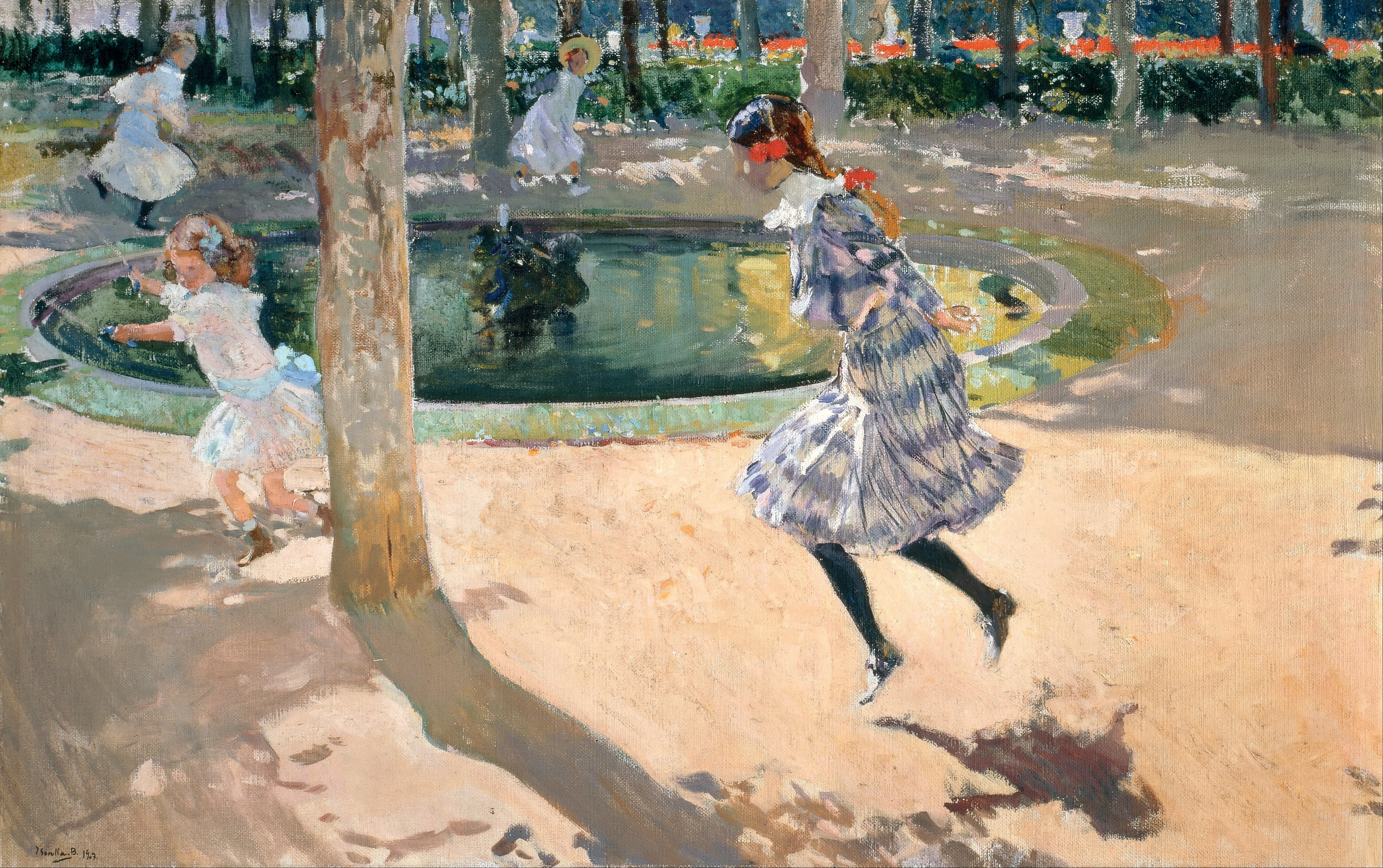 A girl leaps mid-air over a skipping rope in the dappled gardens of La Granja de San Ildefonso, her shadow pooling beneath her as other girls turn the rope in the mottled sunlight.