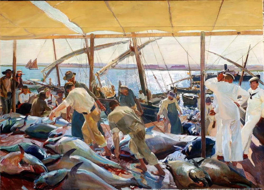 Fishermen haul immense tuna from the nets at Ayamonte, the huge dark fish and straining bodies packed across a monumental composition.