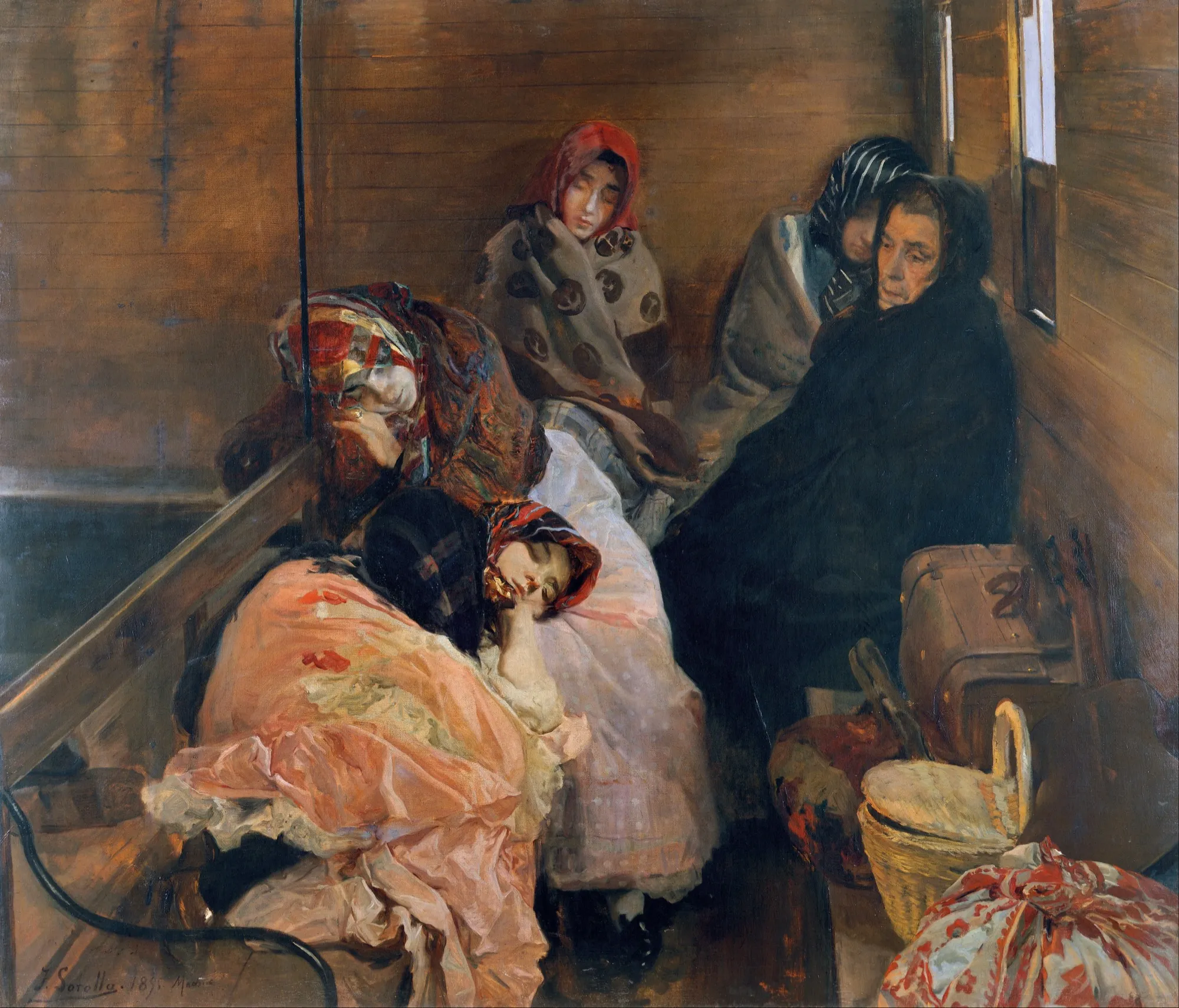 Young women sleeping huddled under shawls on the benches of a dim third-class railway carriage, watched over by an older chaperone in black — a sombre social-realist scene of girls being trafficked.