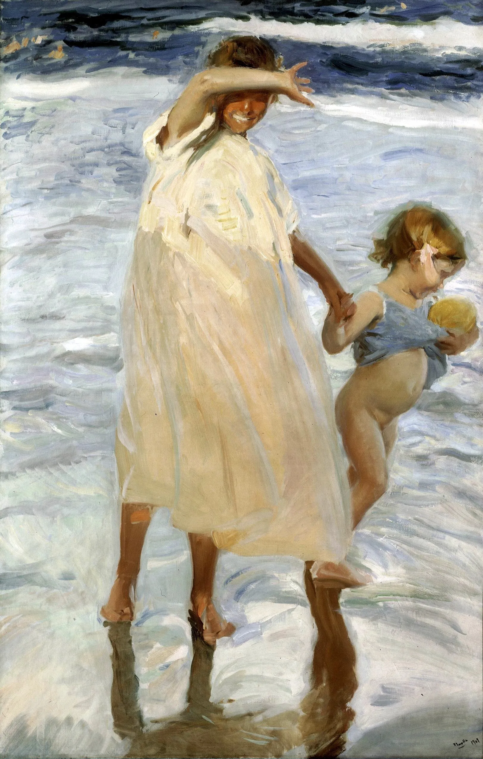 Two sisters in white dresses stand together, one taller than the other, softly lit against a muted, luminous background.