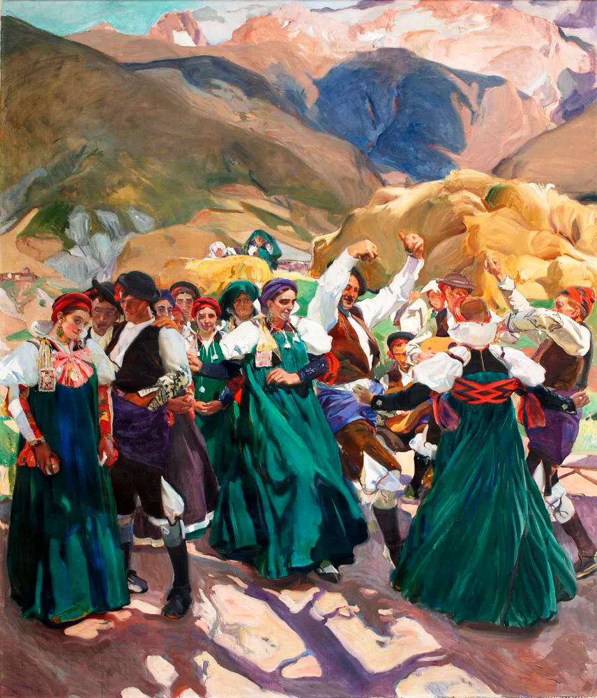 Couples in Aragonese costume dance the spirited jota, their raised arms and swirling skirts set against the rural landscape.