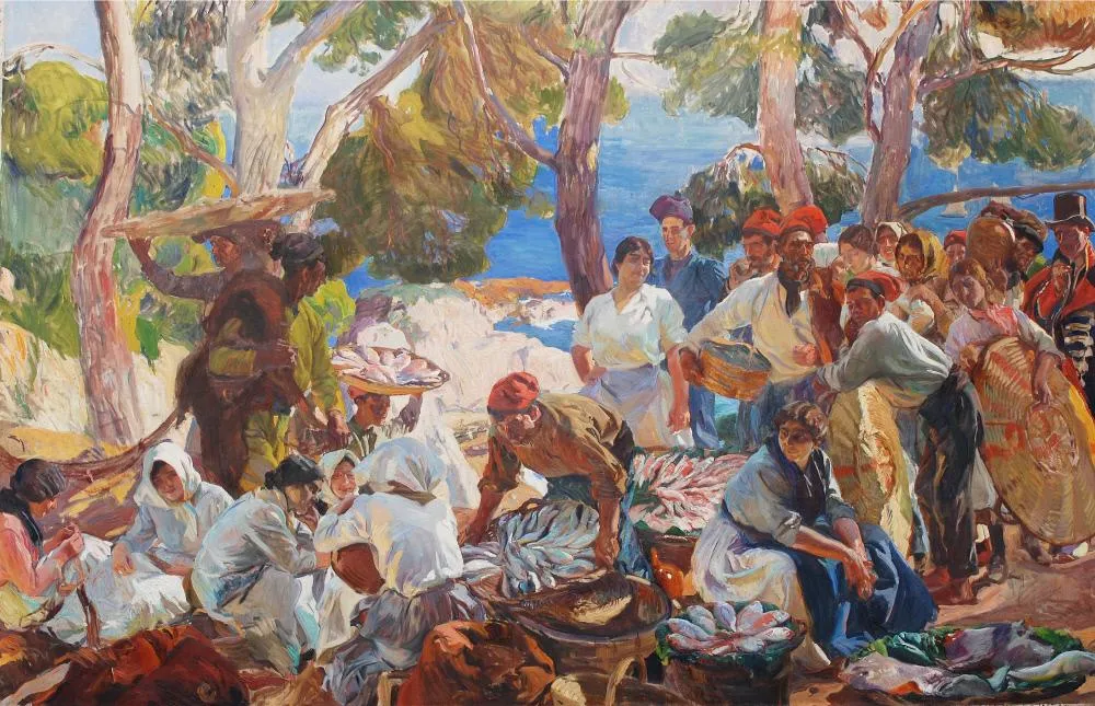 Catalan fishermen haul their catch and nets along the shore, sturdy figures and boats arranged across a broad coastal panorama.