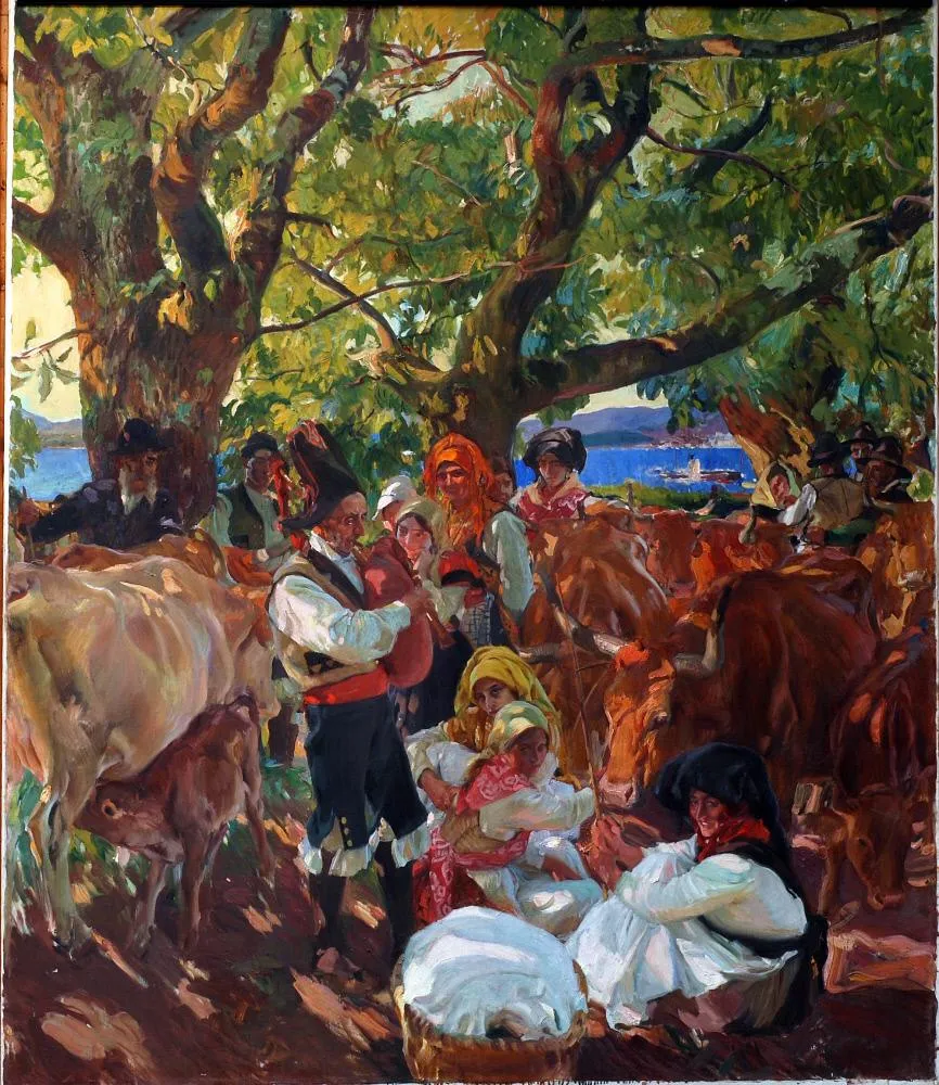 Galician pilgrims process with bagpipes and ox-carts through a damp green landscape, heavy cloaks and banners rendered in cool northern light.
