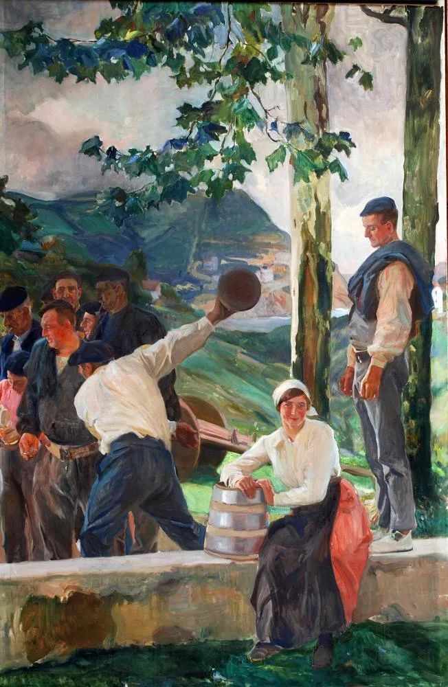 Basque men in berets play a game of bowls on the green, their concentrated figures set against the misty hills of Guipúzcoa.