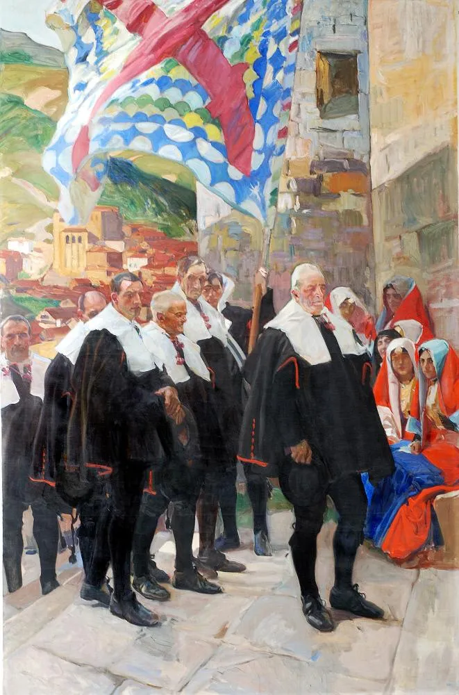 The elders of Navarre's Roncal valley stand in traditional dark costume, dignified figures set against the mountainous northern landscape.
